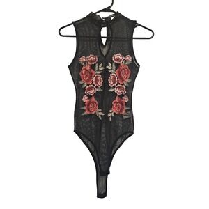 A'GACI Black Sheer Mesh Floral Bodysuit Sz M Dark Romantic Whimsigoth Coquette